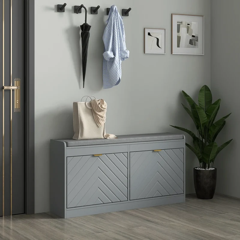 Shoe Storage Bench with Seat, 2 Flip Drawers, 4 Vents, Holds 8 Pairs