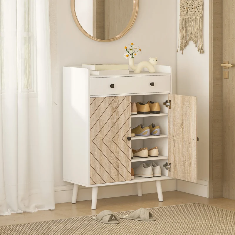 Modern Shoe Storage Cabinet, Adjustable Shelves, Drawer for 12 Pairs, White