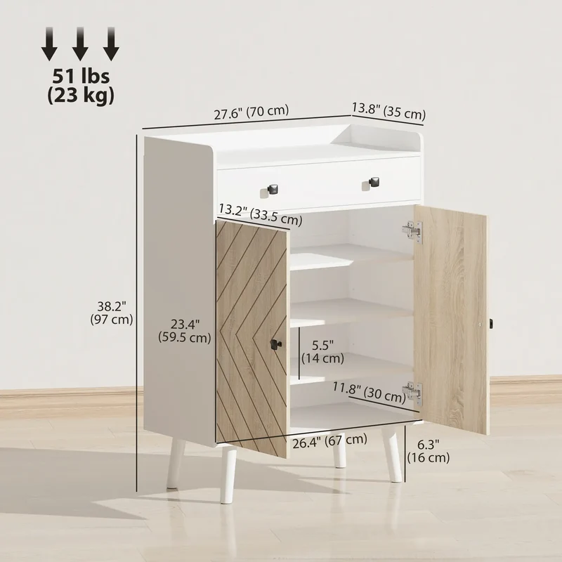 Modern Shoe Storage Cabinet, Adjustable Shelves, Drawer for 12 Pairs, White