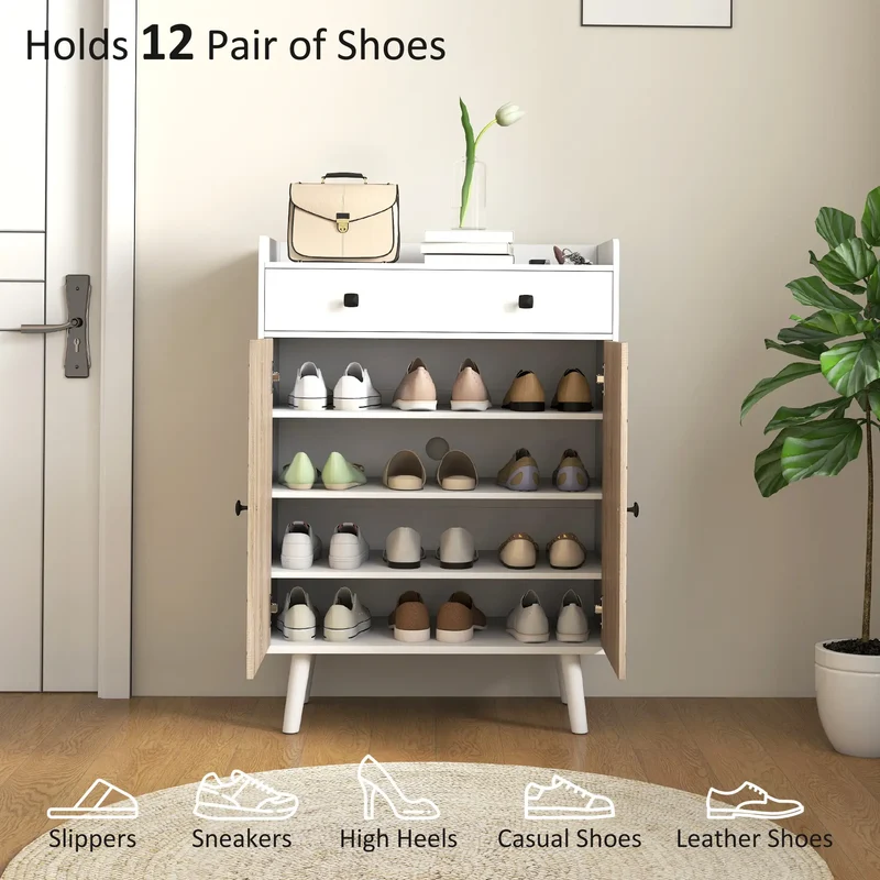 Modern Shoe Storage Cabinet, Adjustable Shelves, Drawer for 12 Pairs, White