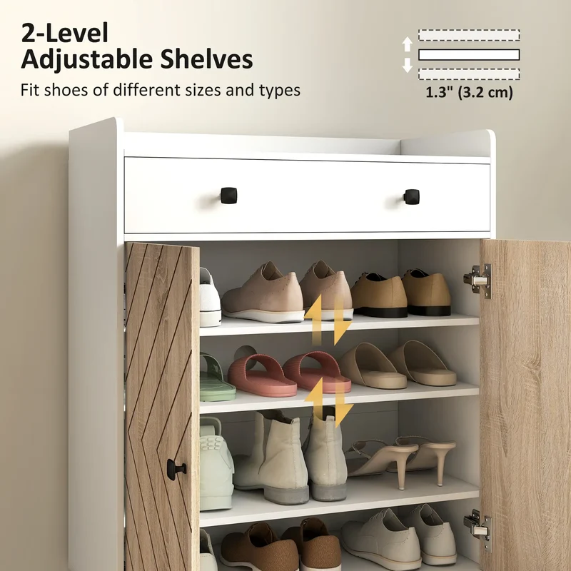 Modern Shoe Storage Cabinet, Adjustable Shelves, Drawer for 12 Pairs, White