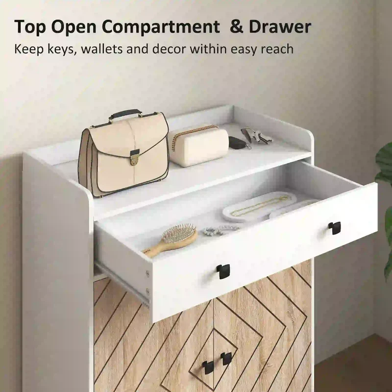 Modern Shoe Storage Cabinet, Adjustable Shelves, Drawer for 12 Pairs, White