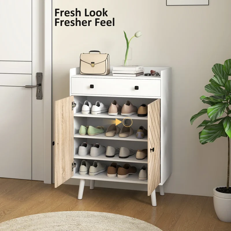 Modern Shoe Storage Cabinet, Adjustable Shelves, Drawer for 12 Pairs, White