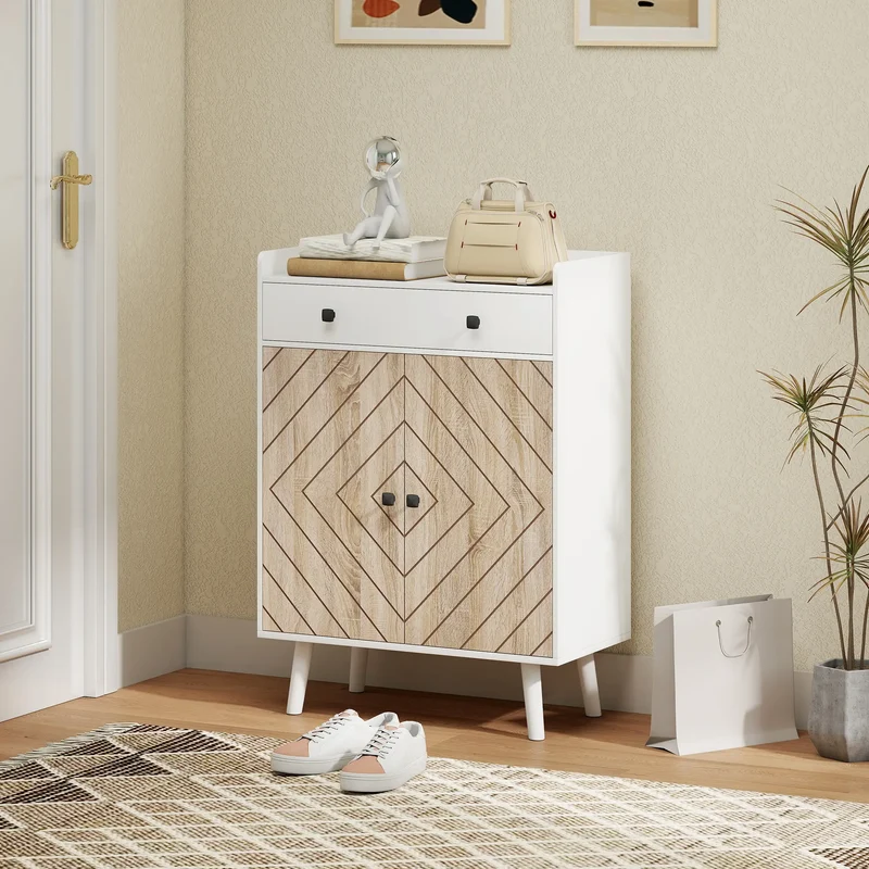 Modern Shoe Storage Cabinet, Adjustable Shelves, Drawer for 12 Pairs, White