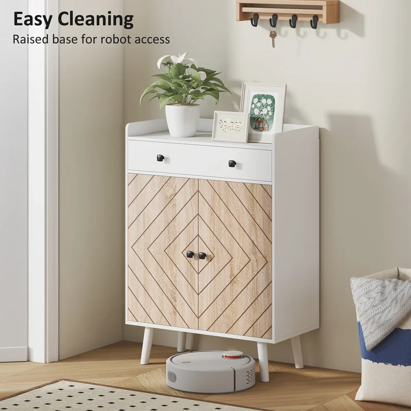 Modern Shoe Storage Cabinet, Adjustable Shelves, Drawer for 12 Pairs, White