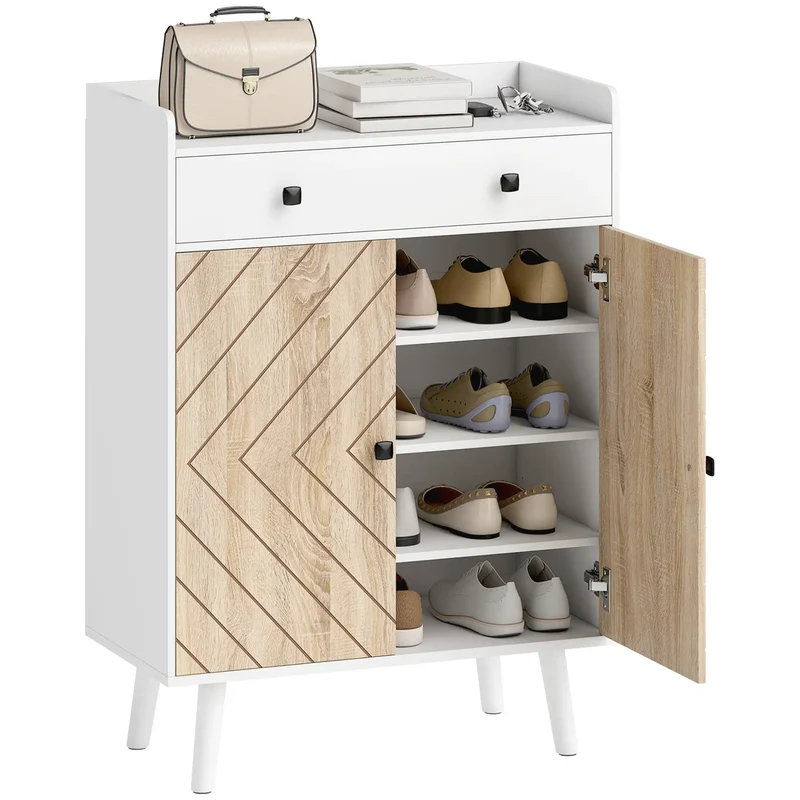 Modern Shoe Storage Cabinet, Adjustable Shelves, Drawer for 12 Pairs, White