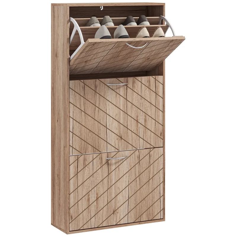 Shoe Storage Cabinet, 3 Flip Drawers, Narrow, 12 Pair Organizer, Nature Wood