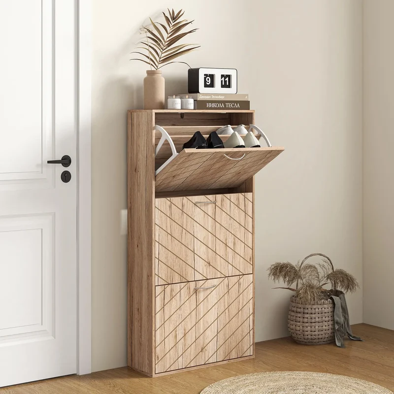 Shoe Storage Cabinet, 3 Flip Drawers, Narrow, 12 Pair Organizer, Nature Wood