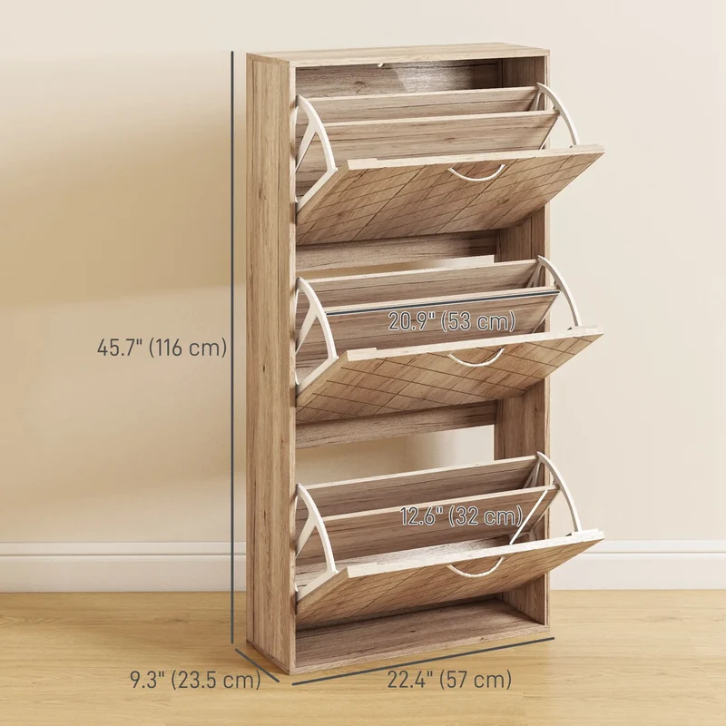 Shoe Storage Cabinet, 3 Flip Drawers, Narrow, 12 Pair Organizer, Nature Wood