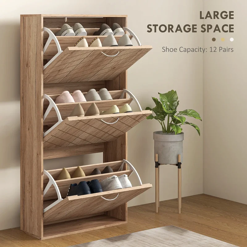 Shoe Storage Cabinet, 3 Flip Drawers, Narrow, 12 Pair Organizer, Nature Wood