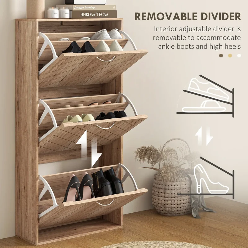Shoe Storage Cabinet, 3 Flip Drawers, Narrow, 12 Pair Organizer, Nature Wood