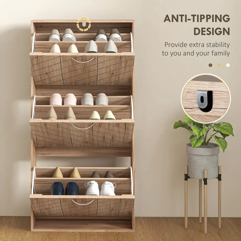Shoe Storage Cabinet, 3 Flip Drawers, Narrow, 12 Pair Organizer, Nature Wood