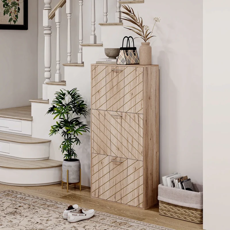 Shoe Storage Cabinet, 3 Flip Drawers, Narrow, 12 Pair Organizer, Nature Wood