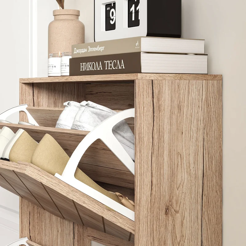 Shoe Storage Cabinet, 3 Flip Drawers, Narrow, 12 Pair Organizer, Nature Wood