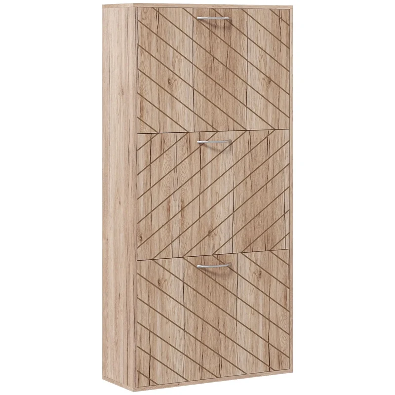 Shoe Storage Cabinet, 3 Flip Drawers, Narrow, 12 Pair Organizer, Nature Wood