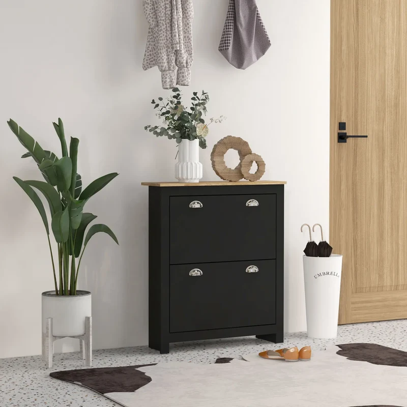 Shoe Cabinet, 2 Flip Drawers, Adjustable Shelves, 12 Pair, Black
