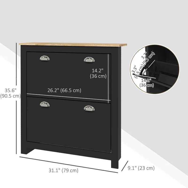 Shoe Cabinet, 2 Flip Drawers, Adjustable Shelves, 12 Pair, Black