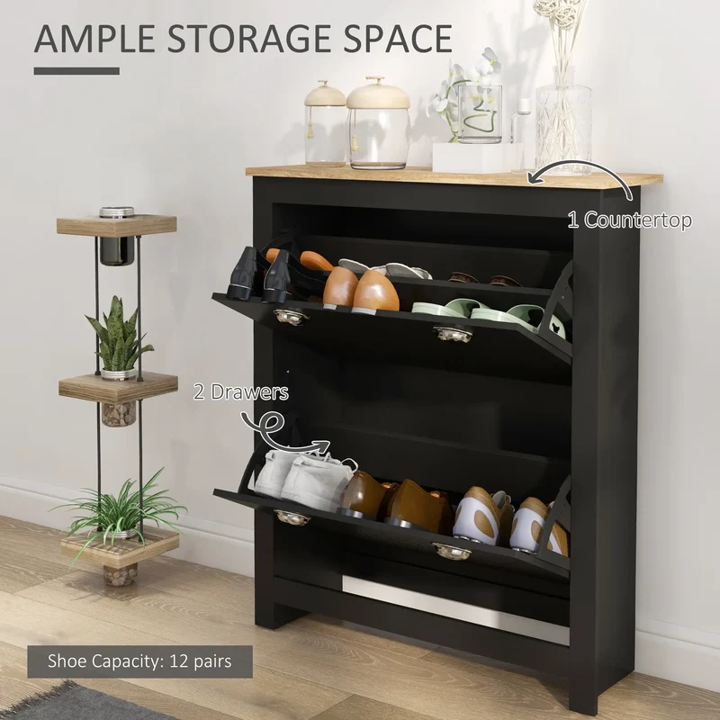 Shoe Cabinet, 2 Flip Drawers, Adjustable Shelves, 12 Pair, Black