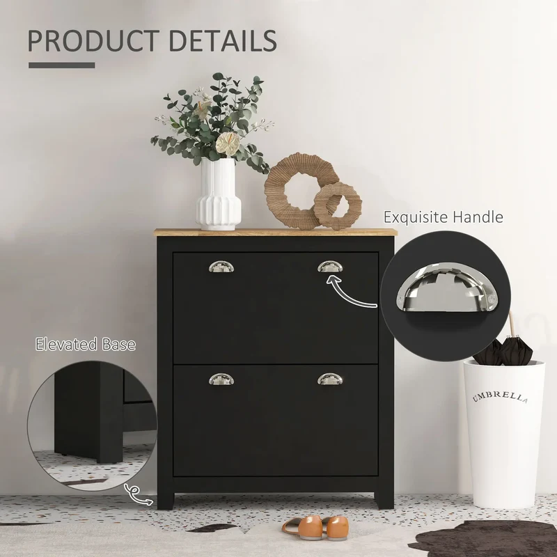Shoe Cabinet, 2 Flip Drawers, Adjustable Shelves, 12 Pair, Black