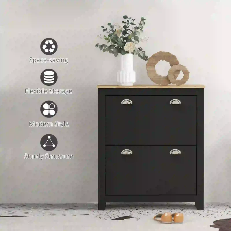 Shoe Cabinet, 2 Flip Drawers, Adjustable Shelves, 12 Pair, Black