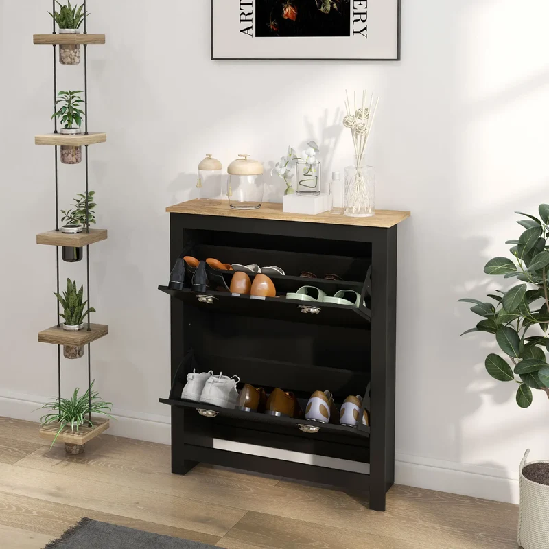 Shoe Cabinet, 2 Flip Drawers, Adjustable Shelves, 12 Pair, Black