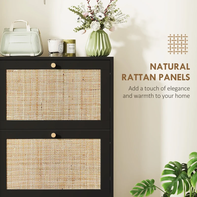Rattan Shoe Storage Cabinet, 3 Flip Drawers, Adjustable Shelves, 18 Pairs, Black