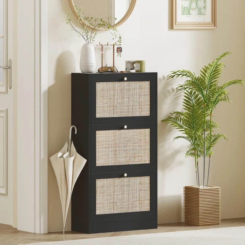 Rattan Shoe Storage Cabinet, 3 Flip Drawers, Adjustable Shelves, 18 Pairs, Black