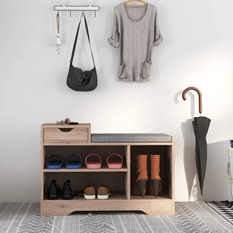 Upholstered Shoe Storage Bench, Seat, Drawer, 3 Shelves, Grey