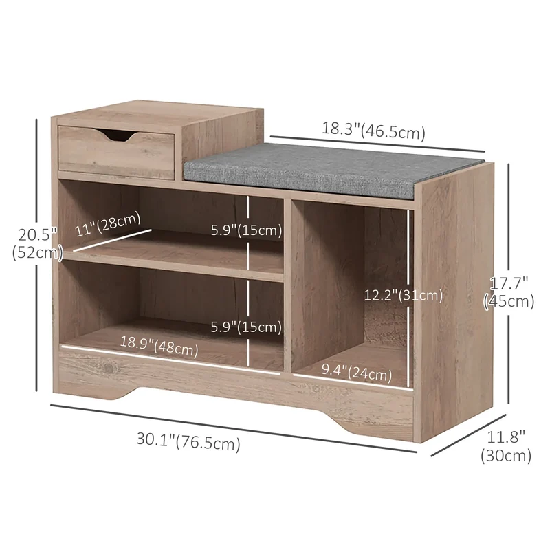 Upholstered Shoe Storage Bench, Seat, Drawer, 3 Shelves, Grey