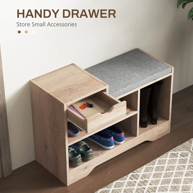Upholstered Shoe Storage Bench, Seat, Drawer, 3 Shelves, Grey