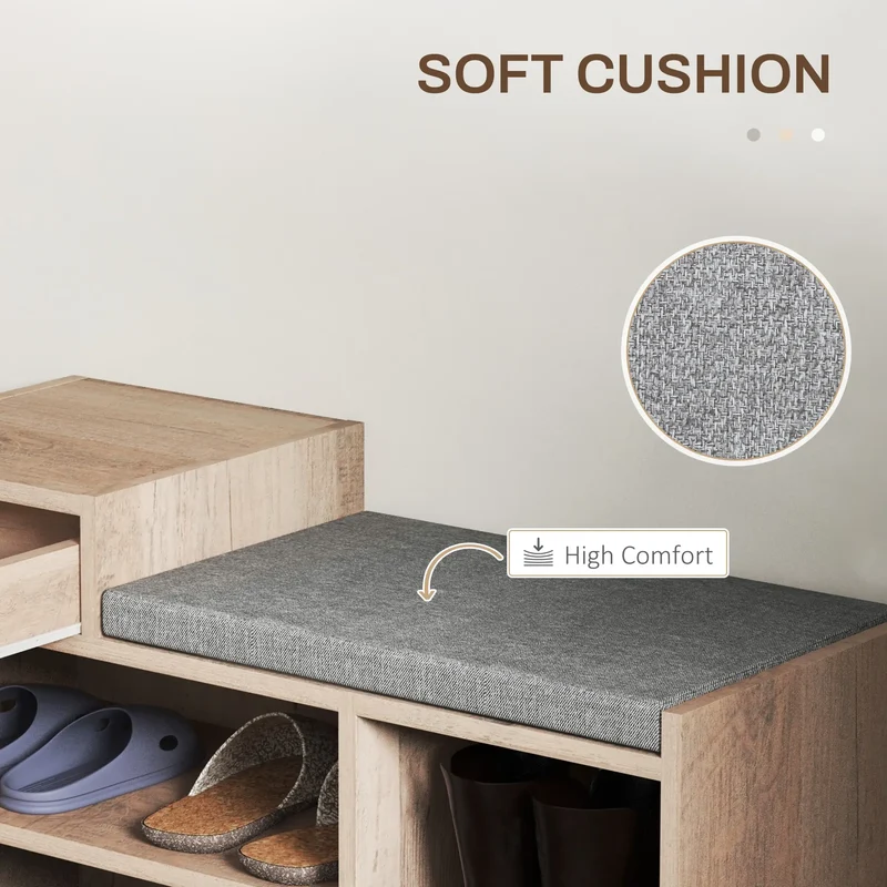 Upholstered Shoe Storage Bench, Seat, Drawer, 3 Shelves, Grey