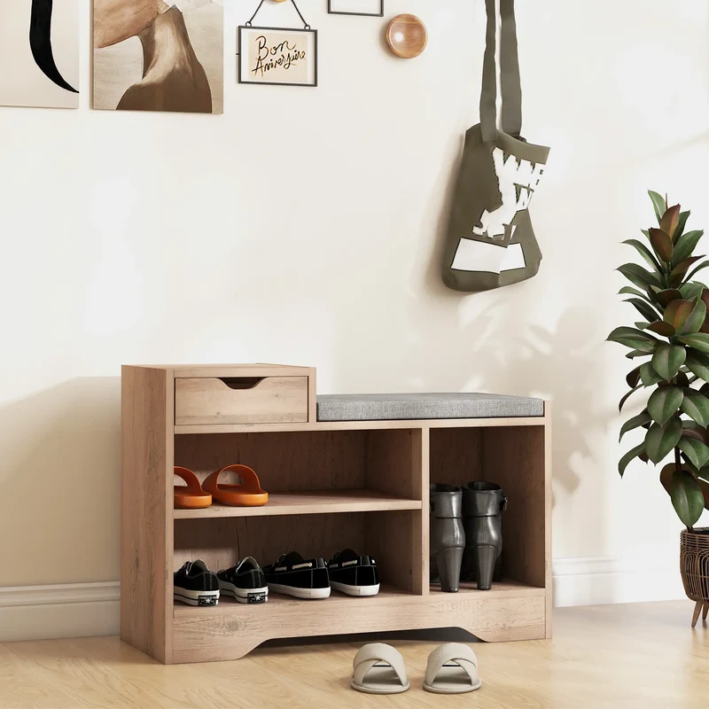 Upholstered Shoe Storage Bench, Seat, Drawer, 3 Shelves, Grey