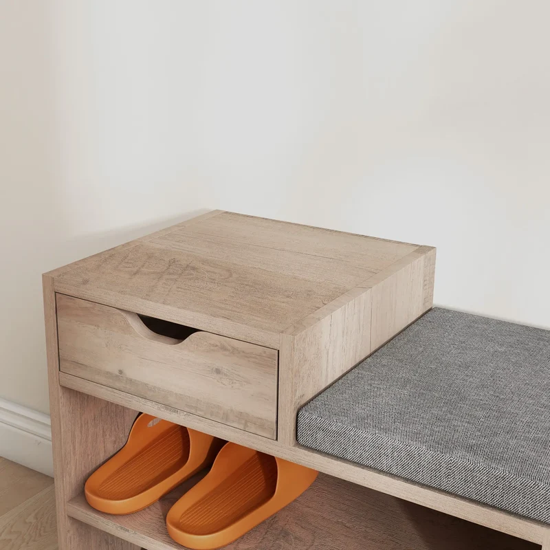 Upholstered Shoe Storage Bench, Seat, Drawer, 3 Shelves, Grey