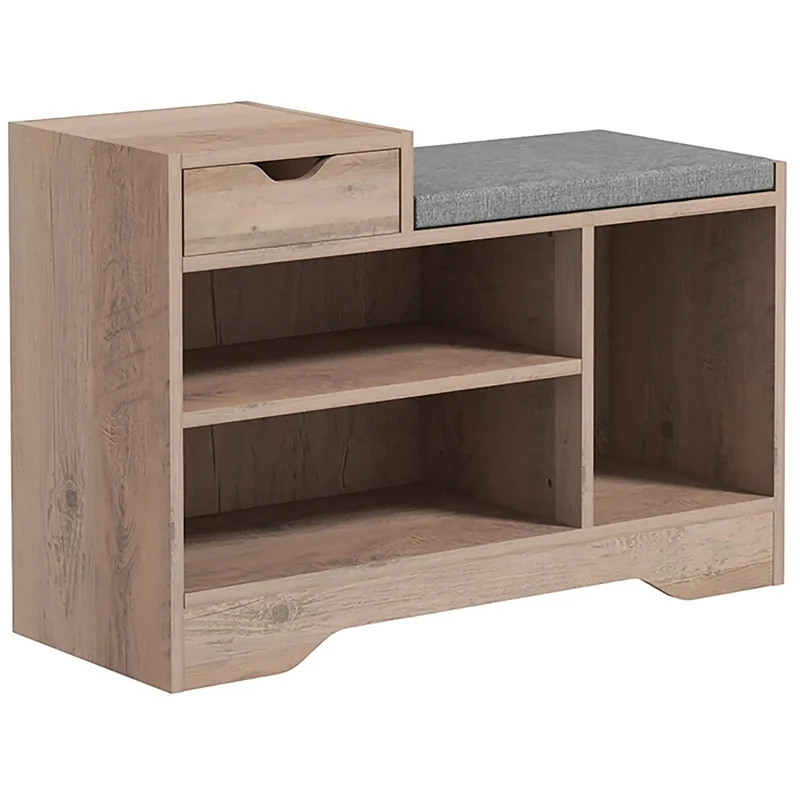 Upholstered Shoe Storage Bench, Seat, Drawer, 3 Shelves, Grey