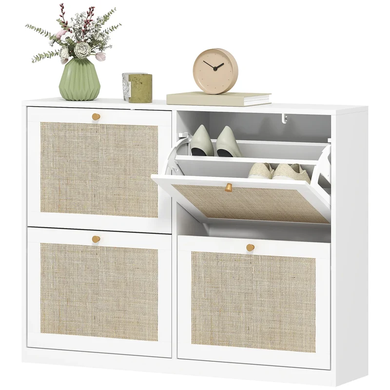 Narrow Shoe Storage Cabinet, 4 Flip Drawers, Adjustable Shelves, 20 Pairs, White