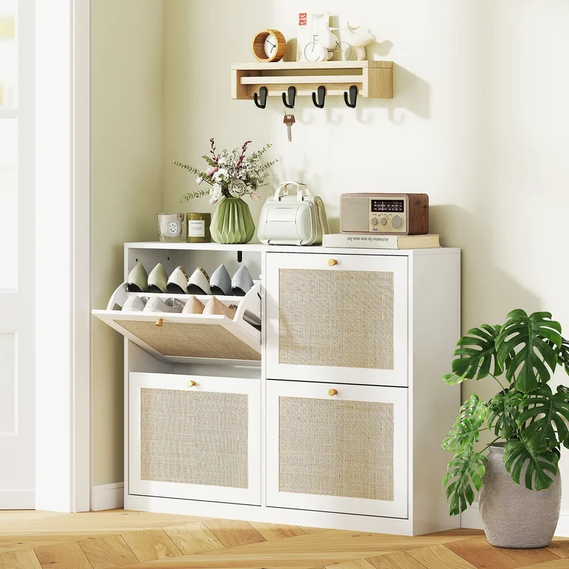 Narrow Shoe Storage Cabinet, 4 Flip Drawers, Adjustable Shelves, 20 Pairs, White