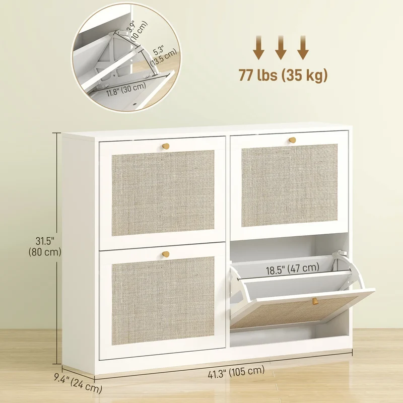 Narrow Shoe Storage Cabinet, 4 Flip Drawers, Adjustable Shelves, 20 Pairs, White