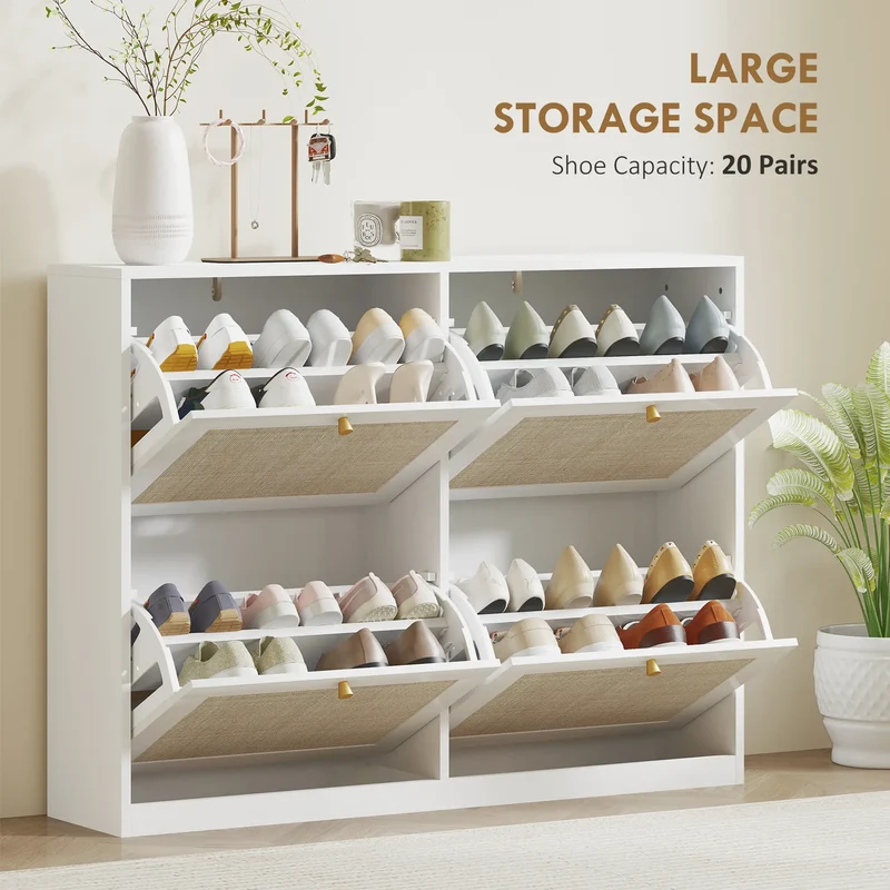 Narrow Shoe Storage Cabinet, 4 Flip Drawers, Adjustable Shelves, 20 Pairs, White