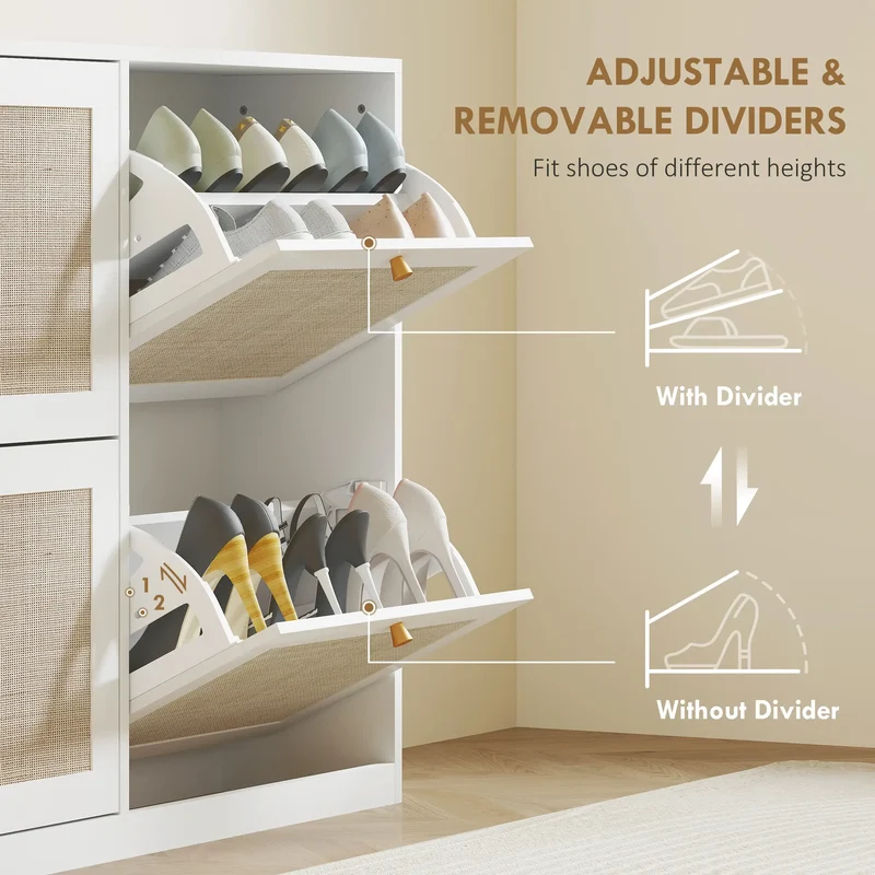 Narrow Shoe Storage Cabinet, 4 Flip Drawers, Adjustable Shelves, 20 Pairs, White