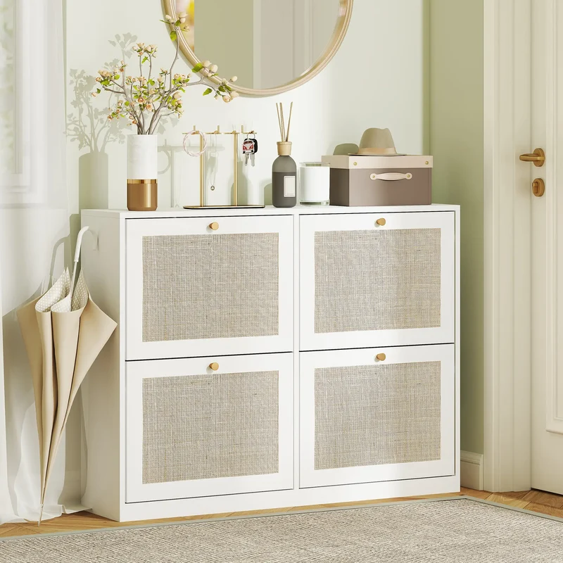 Narrow Shoe Storage Cabinet, 4 Flip Drawers, Adjustable Shelves, 20 Pairs, White