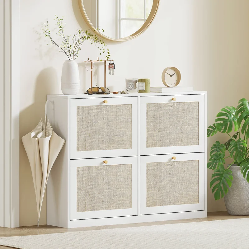 Narrow Shoe Storage Cabinet, 4 Flip Drawers, Adjustable Shelves, 20 Pairs, White