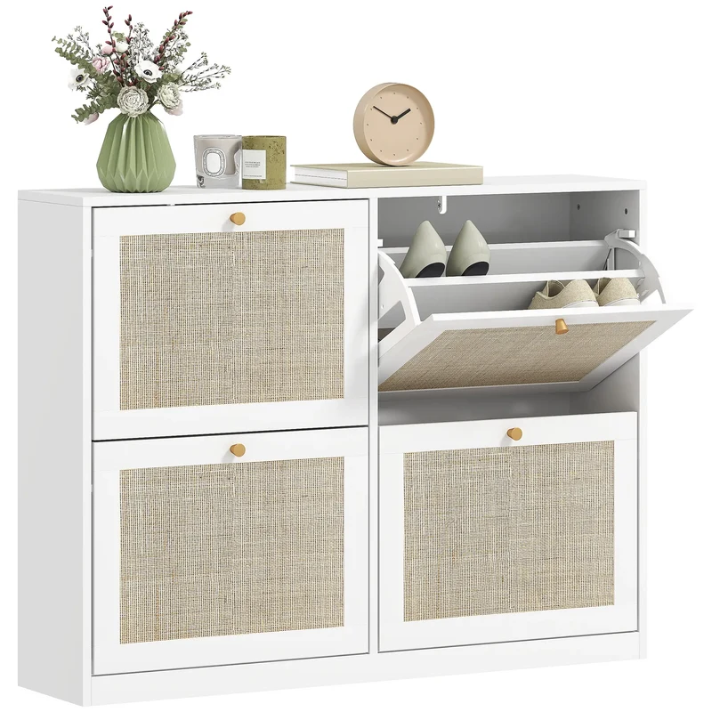 Narrow Shoe Storage Cabinet, 4 Flip Drawers, Adjustable Shelves, 20 Pairs, White