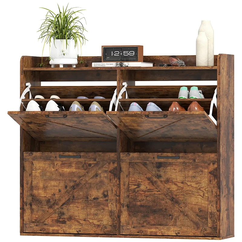 Narrow Shoe Storage Cabinet, 4 Flip Drawers, Adjustable Shelves, 16 Pair, Rustic Brown