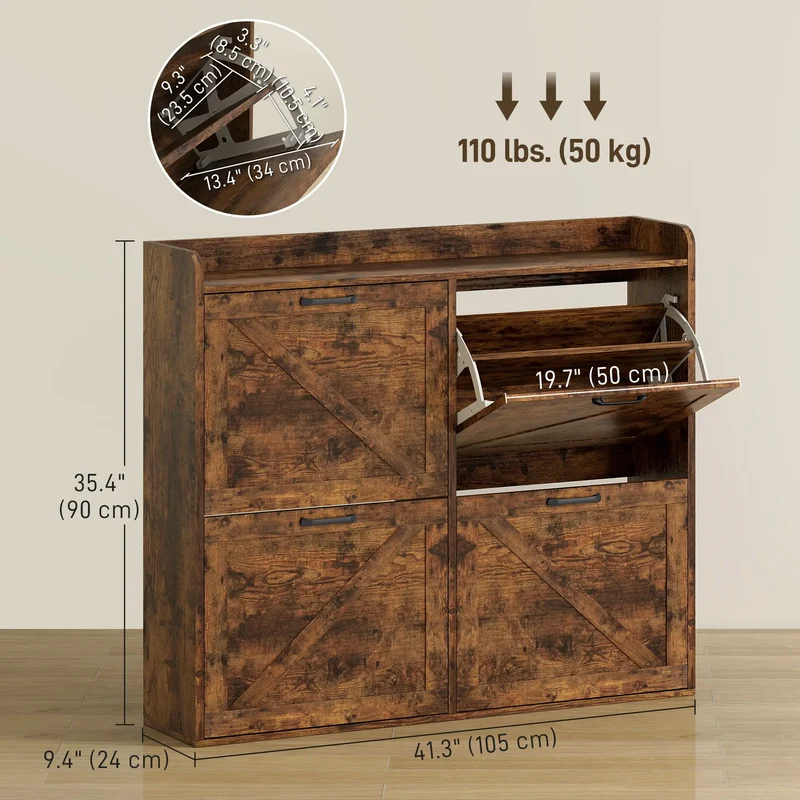 Narrow Shoe Storage Cabinet, 4 Flip Drawers, Adjustable Shelves, 16 Pair, Rustic Brown
