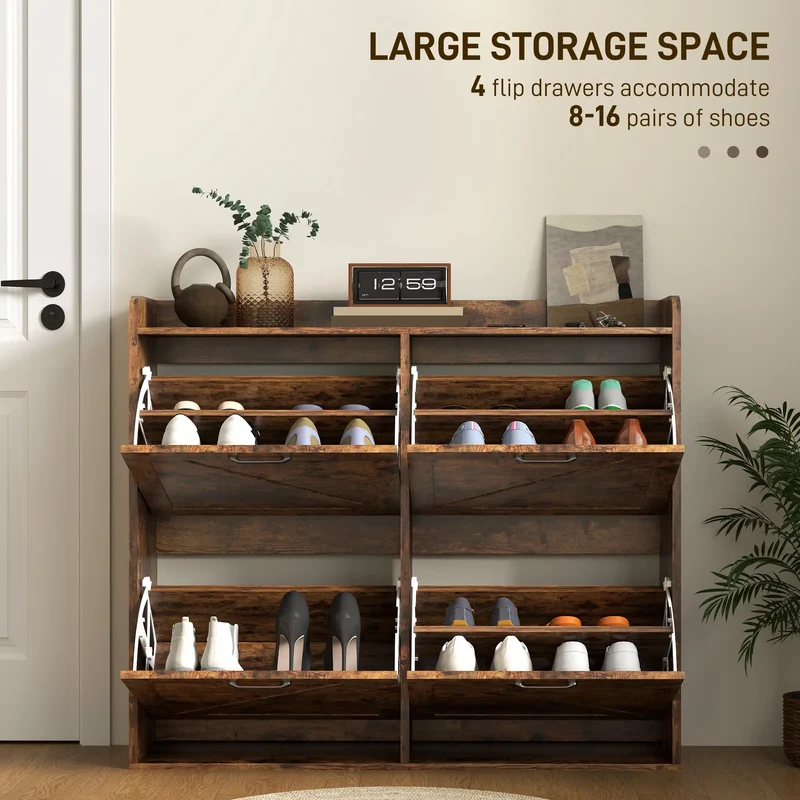 Narrow Shoe Storage Cabinet, 4 Flip Drawers, Adjustable Shelves, 16 Pair, Rustic Brown