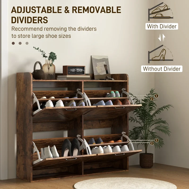 Narrow Shoe Storage Cabinet, 4 Flip Drawers, Adjustable Shelves, 16 Pair, Rustic Brown