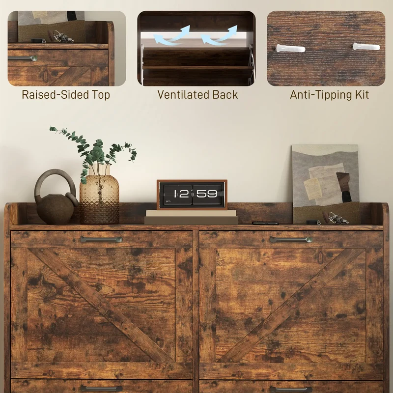 Narrow Shoe Storage Cabinet, 4 Flip Drawers, Adjustable Shelves, 16 Pair, Rustic Brown
