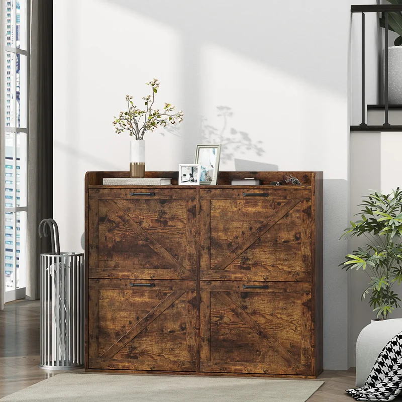 Narrow Shoe Storage Cabinet, 4 Flip Drawers, Adjustable Shelves, 16 Pair, Rustic Brown