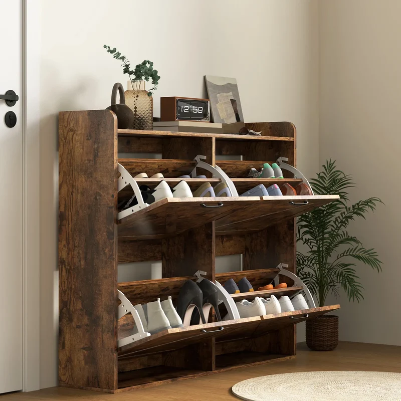 Narrow Shoe Storage Cabinet, 4 Flip Drawers, Adjustable Shelves, 16 Pair, Rustic Brown