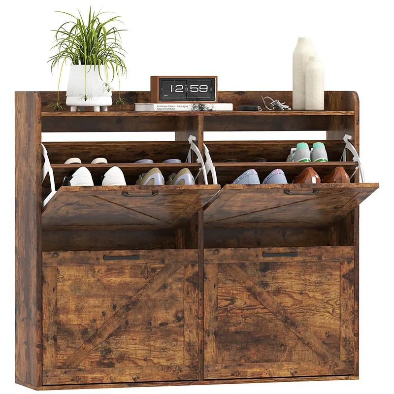 Narrow Shoe Storage Cabinet, 4 Flip Drawers, Adjustable Shelves, 16 Pair, Rustic Brown